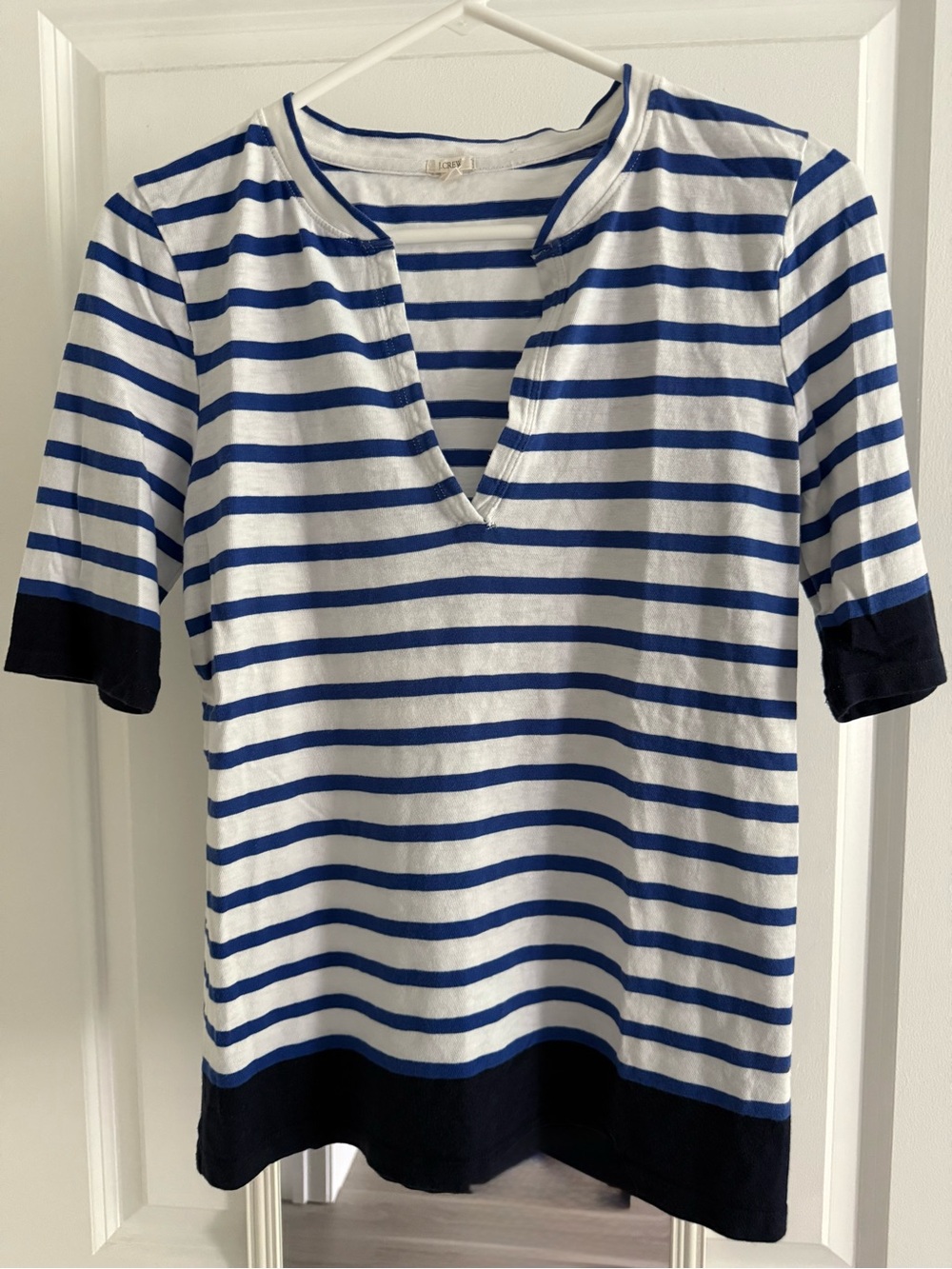 J. Crew Womenโs Cute White and Royal Blue Striped V Neck Tee with Navy Trim, M